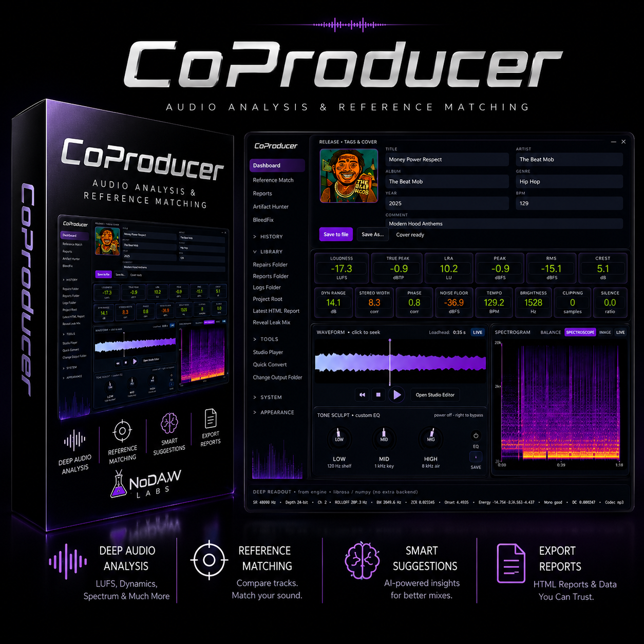 Promotional graphic for NoDAW CoProducer audio analysis and reference matching software, showing a dark software interface, a product box, and feature callouts on a black background.

Details